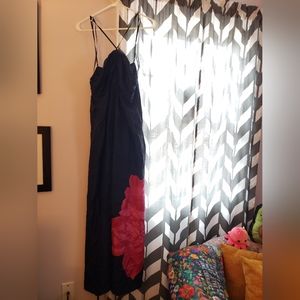 Black satin Express maxi dress with pink flower, size L